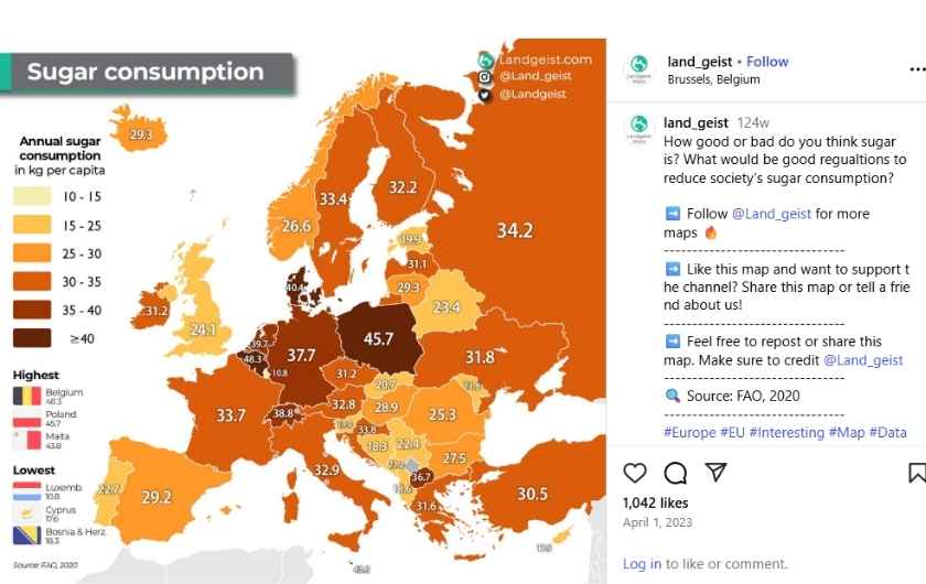 Internetska stranica "Landgeist" objavila je analizu potrošnje šećera u Europi na temelju podataka UN-ove Organizacije za hranu i poljoprivredu (FAO).