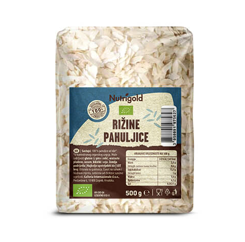 Nutrigold organske rižine pahuljice u pakiranju od 500g.