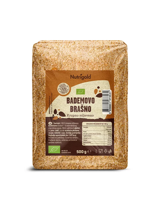 Nutrigold biologisches grob gemahlenes Mandelmehl in einer durchsichtigen 200 Gramm Packung