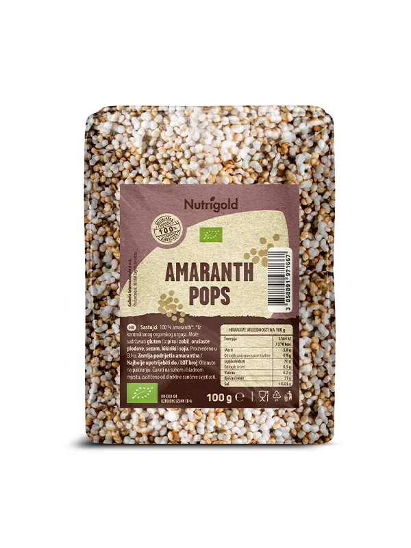 Nutrigold biologische Amaranth Pops in einer durchsichtigen 100 Gramm Packung
