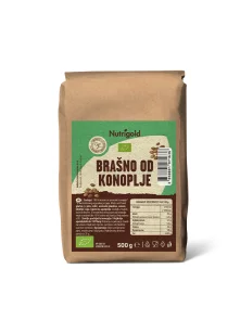 Nutrigold biologisches Hanfmehl in einer braunen 500 Gramm Packung