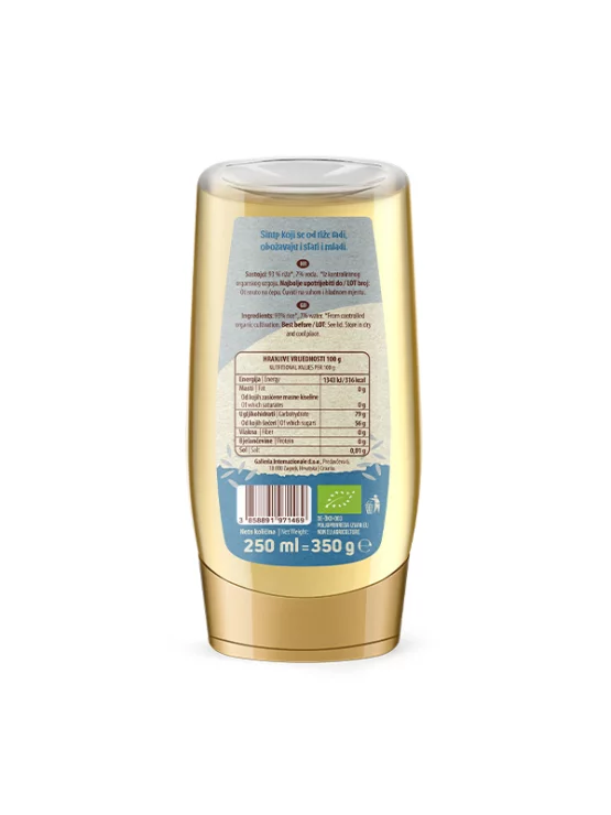 Nutrigold Reissirup – Biologisch in durchsichtiger Verpackung von 350g Rückseite
