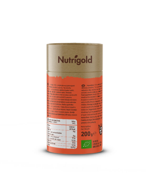 Nutrigold biologisches Ashwagandha Pulver in einer orangenen 200 Gramm Packung