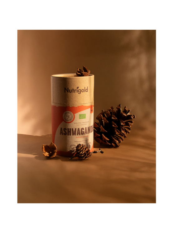 Nutrigold biologisches Ashwagandha Pulver in einer orangenen 200 Gramm Packung
