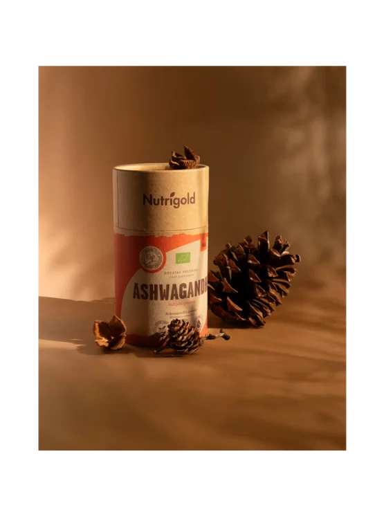Nutrigold biologisches Ashwagandha Pulver in einer orangenen 200 Gramm Packung