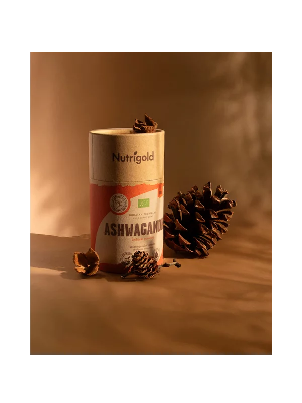 Nutrigold biologisches Ashwagandha Pulver in einer orangenen 200 Gramm Packung
