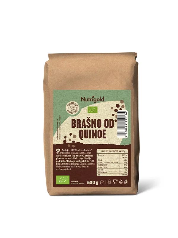 Nutrigold biologisches Quinoa Mehl in einer braunen 500 Gramm Packung