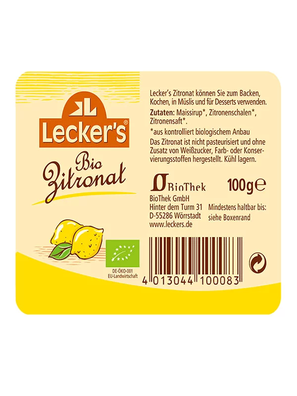 Lecker's Kandierte Zitronenschale - Biologisch in der 100g Packung