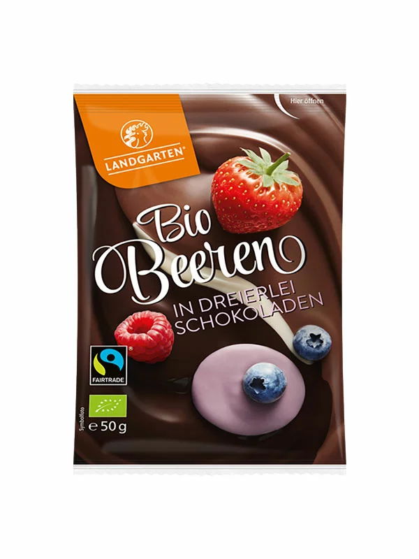 Landgarten Beeren in Dreierlei Schokoladen – Biologisch in einer 50g Packung