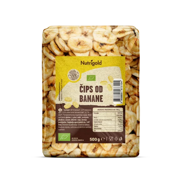 Nutrigold biologische Bananenchips in einer 500 Gramm Packung