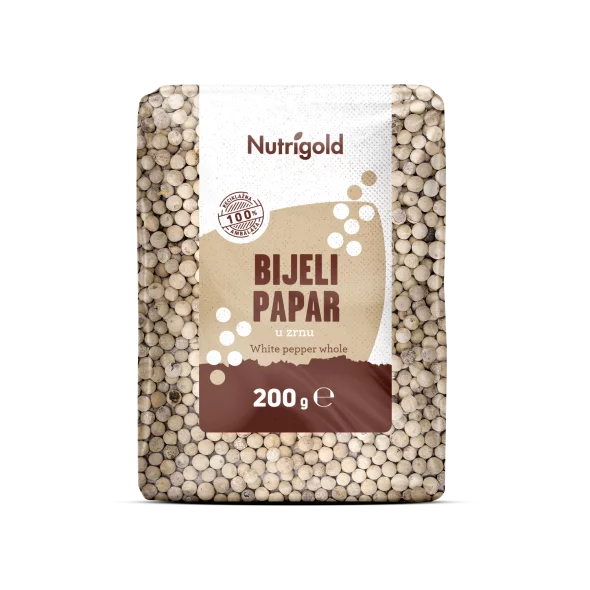 Nutrigold weiße Pfefferkörner in einer durchsichtigen 200 Gramm Packung