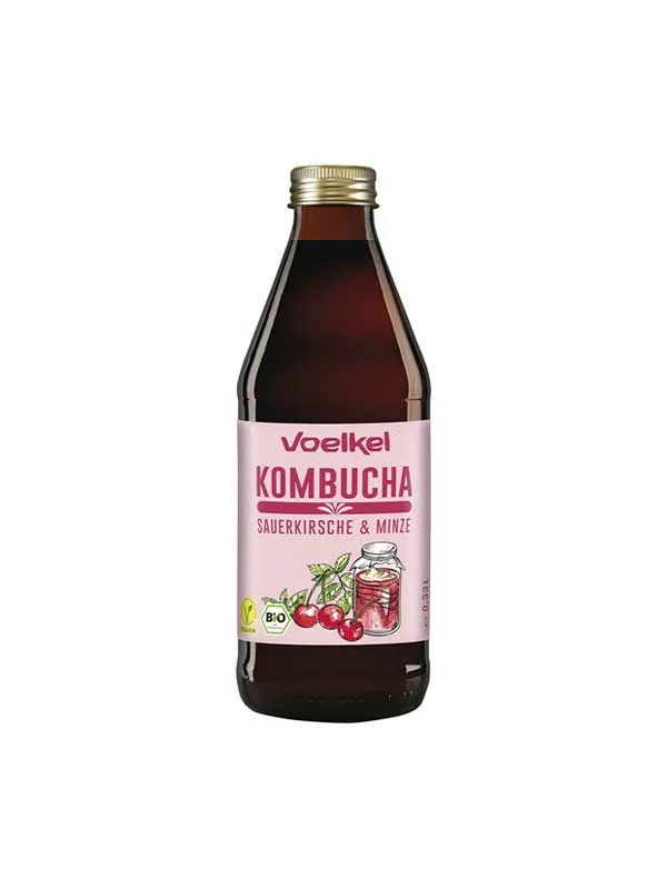Voelkel Kombucha Getränk Sauerkirsche & Minze – Biologisch in der 0,33l Flasche