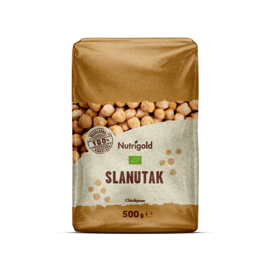 Nutrigold biologische Kicherbsen in einer durchsichtigen 500 Gramm Packung