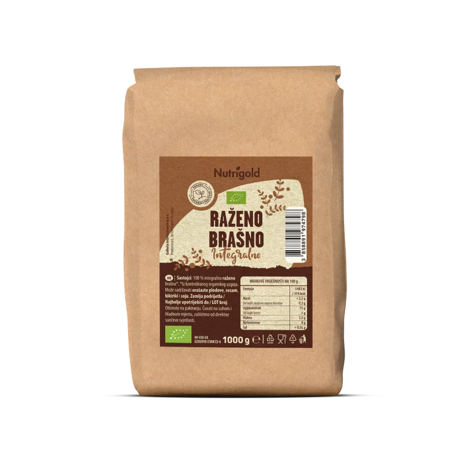 Nutrigold organsko integralno raženo brašno u pakiranju od 1000g.