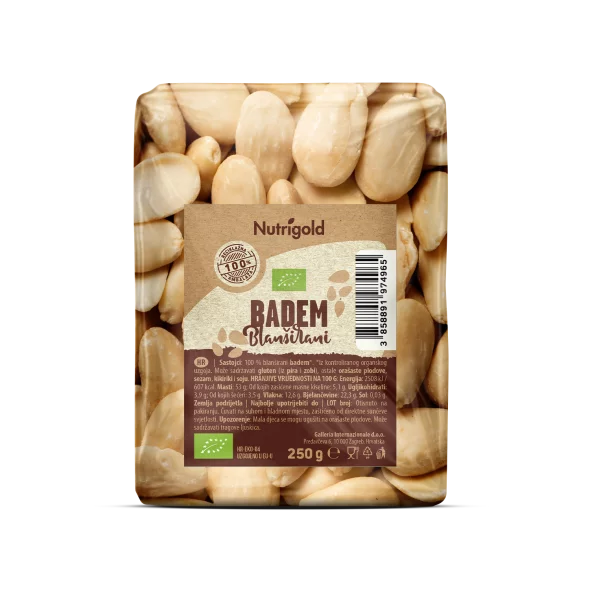 Nutrigold biologische blanchierte Mandeln in einer durchsichtigen 250g Packung