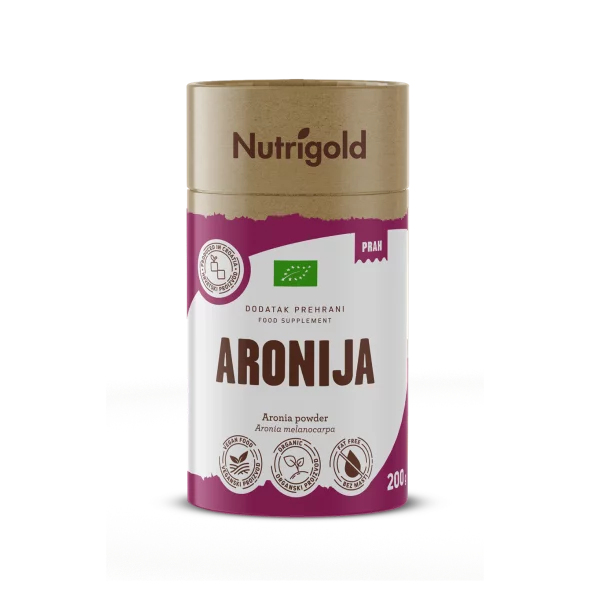Nutrigold biologisches Aronia Pulver in einer braunen 200 Gramm Verpackung
