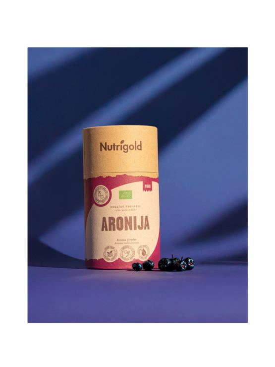 Nutrigold biologisches Aronia Pulver in einer braunen 200 Gramm Verpackung