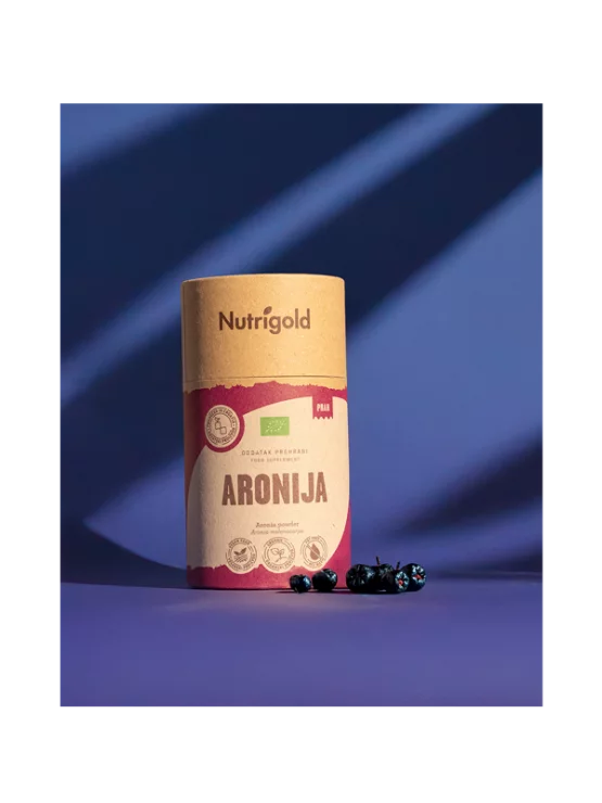 Nutrigold biologisches Aronia Pulver in einer braunen 200 Gramm Verpackung