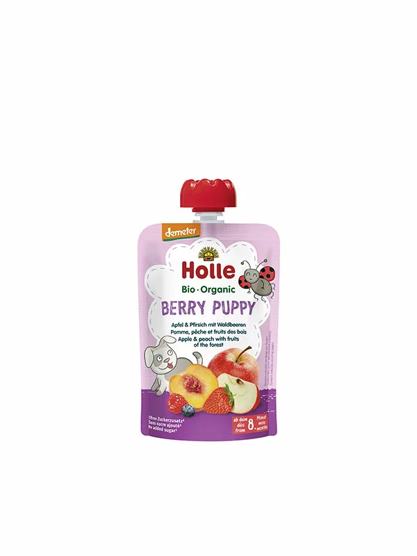 Holle Quetsche Apfel & Pfirsich mit Waldbeeren „Berry Puppy“ (ab dem 8. Monat) – Biologisch in einer 100g Packung