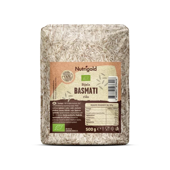 Nutrigold weißer und biologischer Basmatireis in einer durchsichtigen 500 Gramm Packung