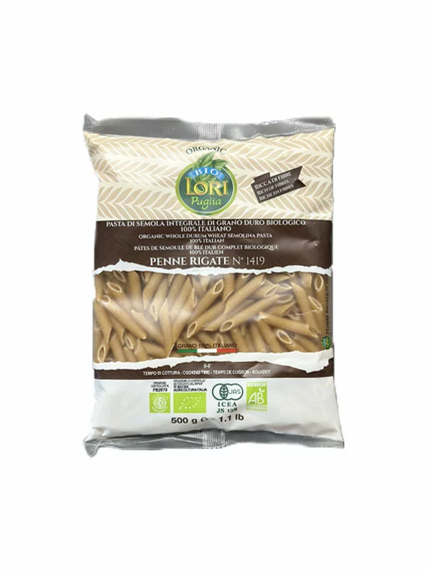 Pasta Lori Puglia Nudeln aus Vollkorn-Penne aus Hartweizen – Biologisch in einer 500g Verpackung