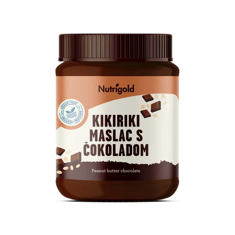 Nutrigold kikiriki maslac s čokoladom u prozirnoj, plastičnoj ambalaži.
