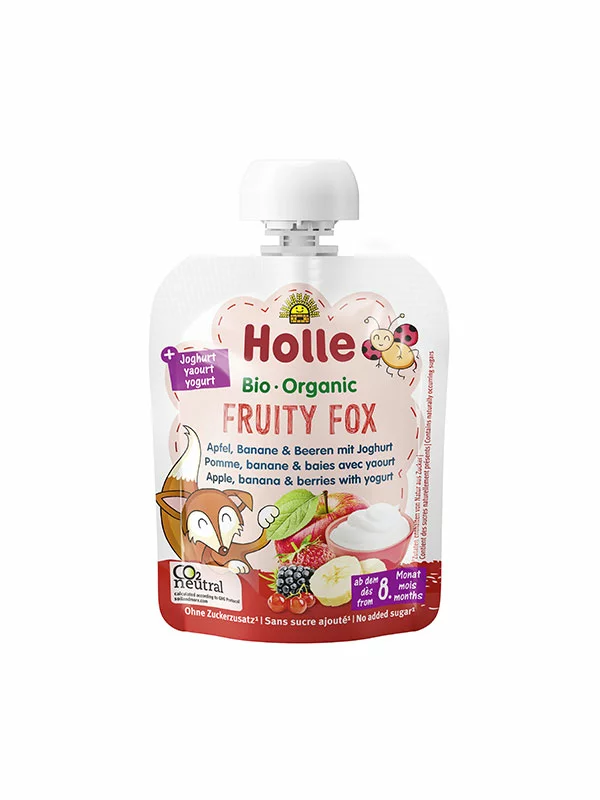 Holle Quetschie Apfel, Banane & Beeren mit Joghurt „Fruity Fox“ – Biologisch in einer 85g Packung