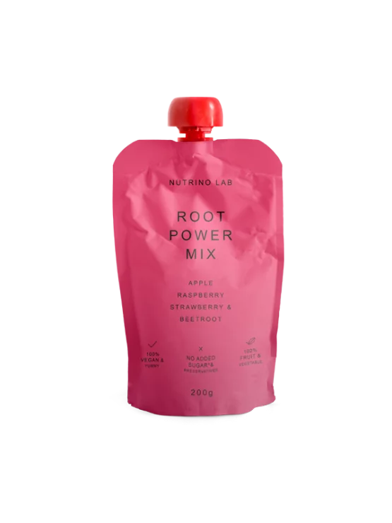 Nutrino Lab Fruchtsnack Root Power Mix – Apfel, Himbeere, Erdbeere und Rote Bete in Quetschbeutel von 200g