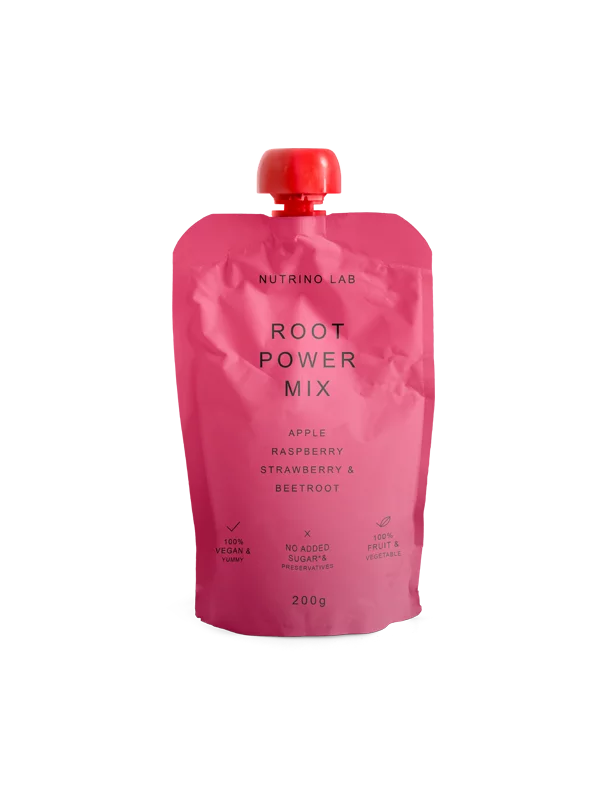 Nutrino Lab Fruchtsnack Root Power Mix – Apfel, Himbeere, Erdbeere und Rote Bete in Quetschbeutel von 200g