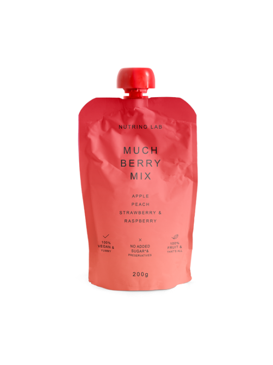 Nutrino Lab Fruchtsnack Much Berry Mix – Apfel, Pfirsich, Erdbeere und Himbeere in Quetschbeutel von 200g