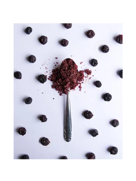 Gefriergetrocknete Heidelbeeren auf einem Löffel