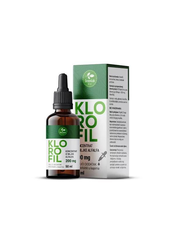Chlorophyll-Konzentrat in Tropfen in einer 50ml Glasflasche mit Tropfer