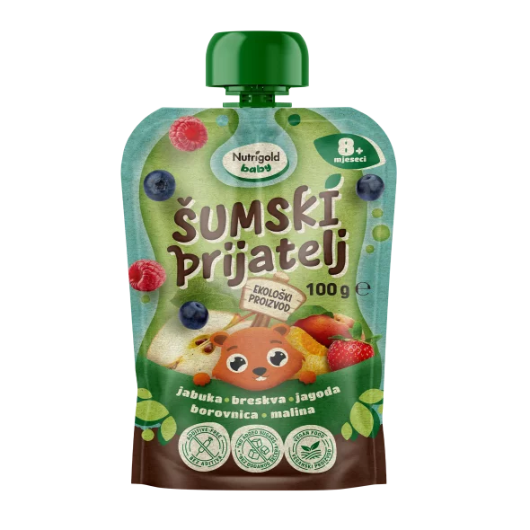 Quetschie mit Apfel, Pfirsich, Erdbeere, Heidelbeere & Himbeere – Biologisch 100g Nutrigold Baby