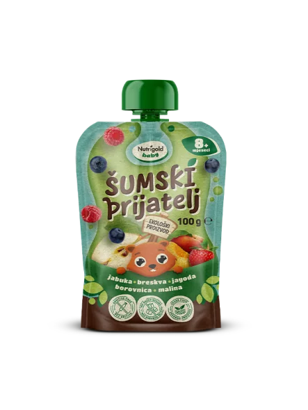 Quetschie mit Apfel, Pfirsich, Erdbeere, Heidelbeere & Himbeere – Biologisch 100g Nutrigold Baby