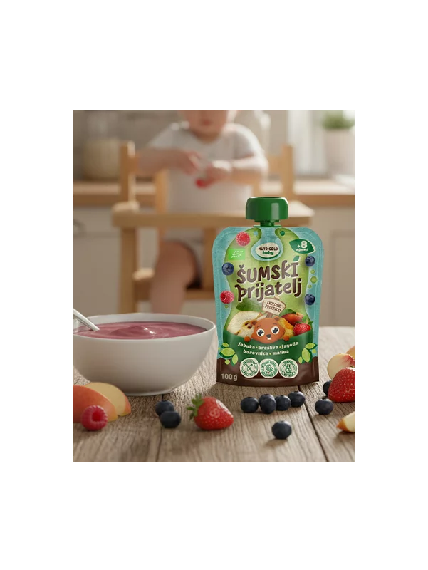 Nutrigold Baby Quetschie mit Apfel, Pfirsich, Erdbeere, Heidelbeere & Himbeere – Biologisch in einer 100g Packung