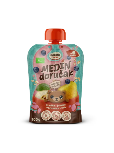 Nutrigold Baby Quetschie mit Birne, Apfel, Heidelbeere & Hafer – Biologisch in einer 100g Packung