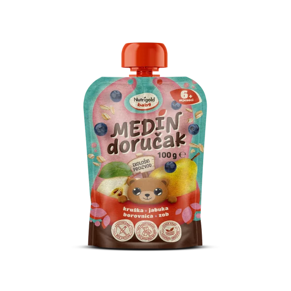 Quetschie mit Birne, Apfel, Heidelbeere & Hafer – Biologisch 100g Nutrigold Baby