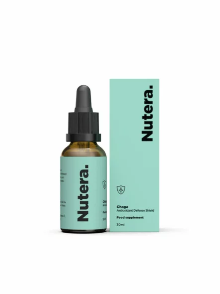 Nutera Chaga Extrakt in einer 30ml Glasflasche mit Tropfer