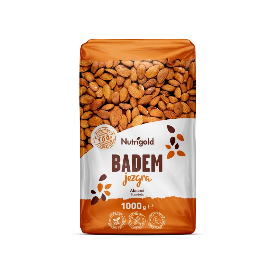 Nutrigold Mandeln in einer durchsichtigen 1000 Gramm Packung