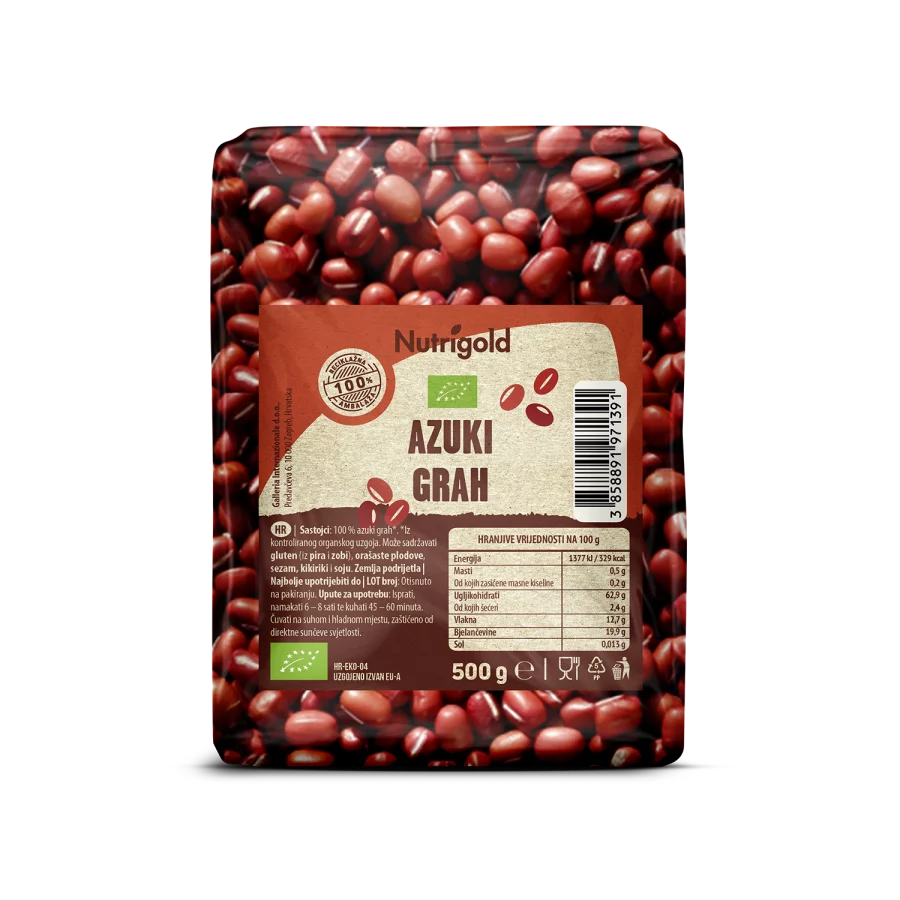 Nutrigold Azukibohnen aus biologischem Anbau in einer durchsichtigen 500 Gramm Packung