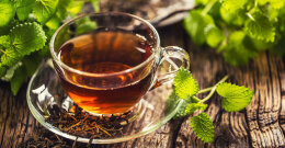 Melissentee in einer durchsichtigen Tasse auf einem Holztisch