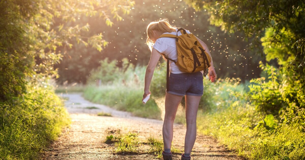 Eine Frau in der Natur, umgeben von Mücken. Mit einem Spray in der Hand.