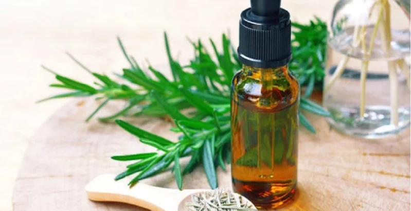 Glasfläschchen mit Rosmarinöl und Zweig