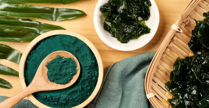 Spirulina-Algen und Pulver in einer Schüssel