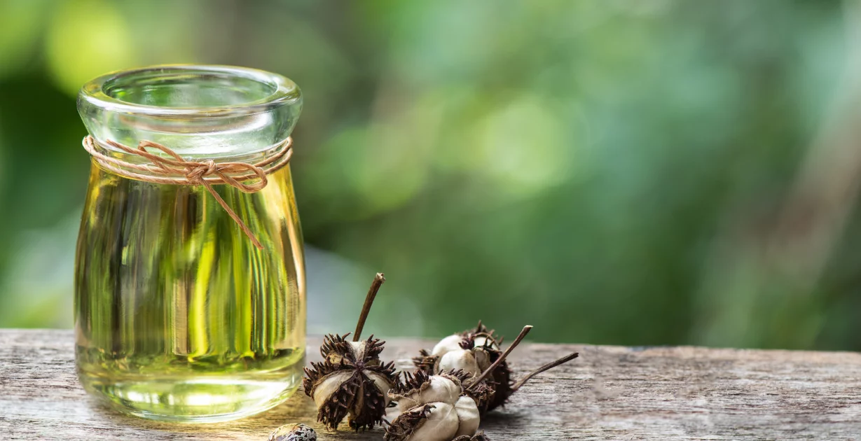 Rizinusöl in einer Glasflasche in der Natur