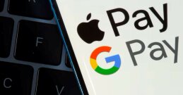 Google- und Apple-Pay-Symbole auf einem Mobiltelefonbildschirm