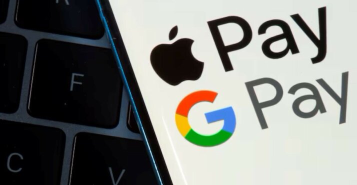 Google- und Apple-Pay-Symbole auf einem Mobiltelefonbildschirm