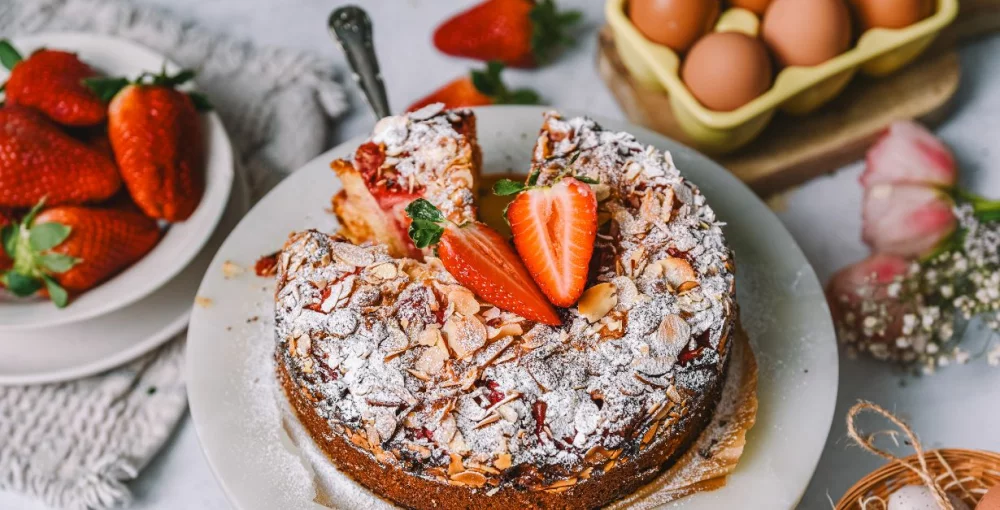 Kuchen mit Mandeln, Erdbeeren & weißer Schokolade